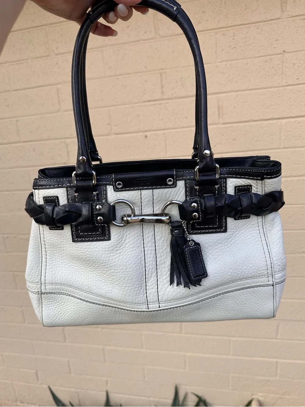 Coach White Leather Tote with Black Trim and Braided Accent